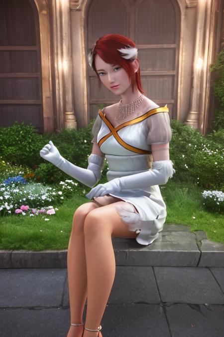 masterpiece, best quality,  <lora:Elise:0.8>, princesselise, red hair, short hair, blue eyes, white dress, white gloves, high heels, earring, feather ornament, necklace, ultra realistic skin, perfect face, ultra realistic painting, professional artwork, photorealistic lights, cinematic lighting, ultra detail texture, ultra detail hair, ultra detail face, perfect eyes, trending on pixiv, hyperrealistic paiting, fantastic realism, hands on waist, looking at viewer, garden, flowers