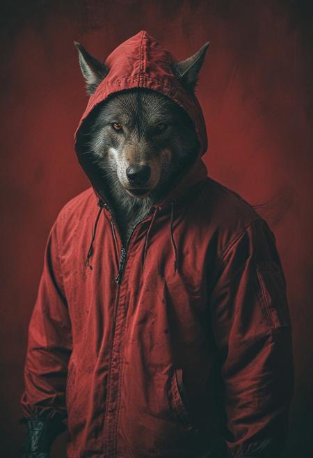 a mad wolf beast in red hood clothing, studio background, high-contrast palette, subtle grain, cinematic quality, modern art photograph