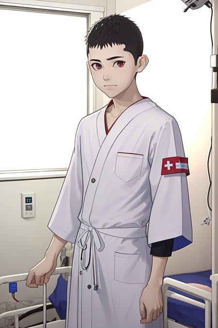 kei,1boy,buzz cut,hospital gown,sleeve garter,looking at viewer, hospital,masterpiece, best quality,  <lora:Kei :1>