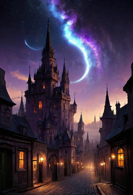 score_9, score_8_up, score_7_up, celestial promenade, the horror of stars, twilight sunshine, cityscape masterpiece, realistic, best quality, cosmic horror, Style-Volumetric, MJgothic, bright horror, s0lar, castle, blue and purple sky, city streets, spires, stone buildings
