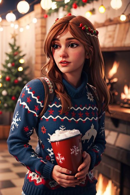 <lora:VRAMsOnesie:0.6>, vramsonsie, brown hair, 1girl, ugly sweater, bokeh, brown hair, winter