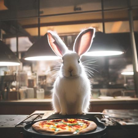 classicnegative photo of a cute white fluffy rabbit baking a pizza in a restaurant, fluorescent ceiling light tubes, haze, bloom, halation, dramatic atmosphere, cinematography