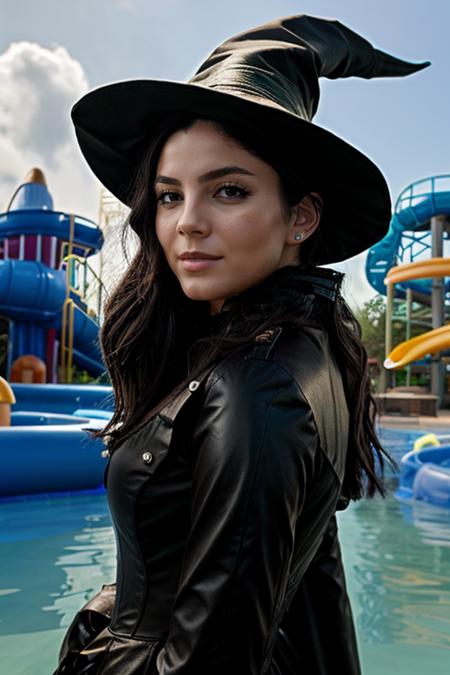 witch costume ,  waterpark , day  <lora:Monica1873Barbaro:1> masterpiece, best quality, detailed face, 1girl, solo, a woman, m1873b,