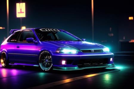 (CIVIC6), NFS 2012 wallpaper, neon ambiance, night city, gear mecha, detailed acrylic, grunge, intricate complexity, rendered in unreal engine, photorealistic, 8k uhd, dslr, soft lighting, high quality, film grain, Fujifilm XT3, <lora:CIVIC6:0.8>