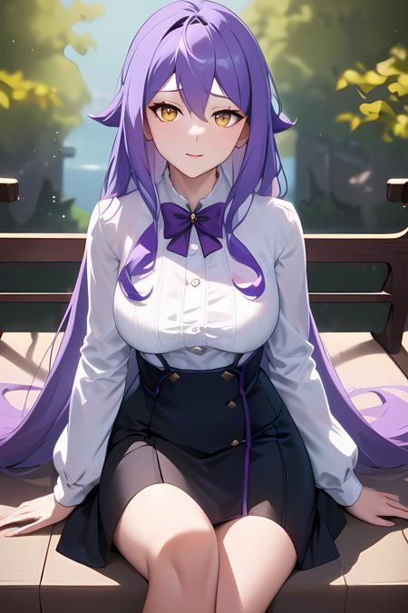 ((masterpiece, best quality)),1girl,sitting,outdoors, sirin,long_hair, long_sleeves, looking_at_viewer, pencil_skirt, purple_bow, purple_hair, skirt, solo, thigh_strap,black_skirt, very_long_hair,cowboy_shot, white_shirt, yellow_eyes,,,,,,, ,extremely detailed CG unity 8k wallpaper, perfect lighting,Colorful, Bright_Front_face_Lighting,White skin, (masterpiece:1.0),(best_quality:1.0), ultra high res,4K,ultra-detailed, photography, 8K, HDR, highres, absurdres:1.2, Kodak portra 400, film grain, blurry background, bokeh:1.2, lens flare, vibrant_color,professional photograph,(Beautiful medium_Breasts), (beautiful_face:1),(narrow_waist),Beautiful Finger,Beautiful long legs,Beautiful body,Beautiful Nose,Beautiful character design, perfect face,perfect balance,