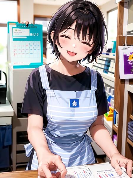 masterpiece, best quality, ultra-detailed, illustration,
SB1, 1girl, black hair, apron, indoors, striped shirt, shirt, open mouth, closed eyes, short hair, shop, purple shirt, calendar (object), smile, striped,
<lora:sento_V2:0.6>