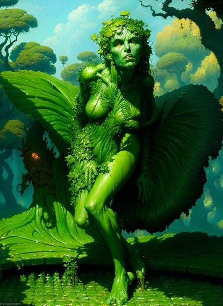 painting of a leafskin with green skin, masterpiece, high quality, detailed, trending on artstation