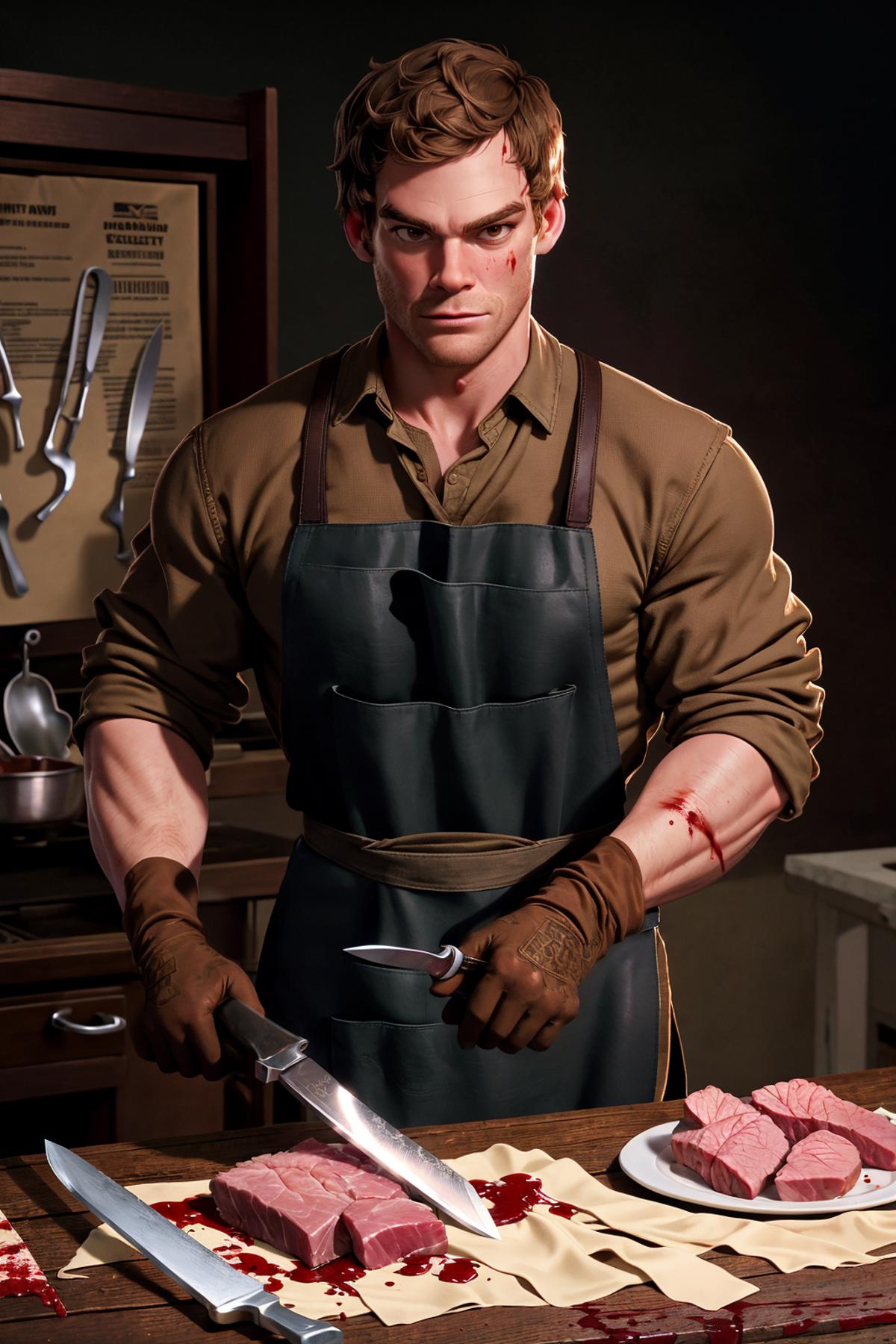 Man in a brown apron holding a knife and a fork.