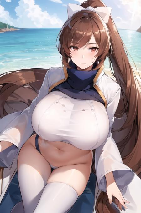 (day:1.7), cloud, beach,blue sky,
Standing at attention,
jacket,wide sleeves,White_uniform,White_outfit,black legwear,japanese clothes, blue scarf,Bikini,
<lora:Aya_Kujyou_Final_Gear-KK77-V3:0.7>,Pants,
brown eyes, brown hair,bangs, Long_hair, Red_eyes,ponytail, white ribbon,
1 girl, 24yo,mature female,Beautiful Finger,Beautiful long legs,Beautiful body,Beautiful Nose,Beautiful character design, perfect eyes, perfect face,
looking at viewer, in the center of the image,focus on face,
NSFW,official art,extremely detailed CG unity 8k wallpaper, perfect lighting,Colorful, Bright_Front_face_Lighting,
(masterpiece:1.0),(best_quality:1.0), ultra high res,4K,ultra-detailed,
photography, 8K, HDR, highres, absurdres:1.2, Kodak portra 400, film grain, blurry background, bokeh:1.2, lens flare, (vibrant_color:1.2)
(Beautiful,Large_Breasts:1.2), (beautiful_face:1.5),(narrow_waist),