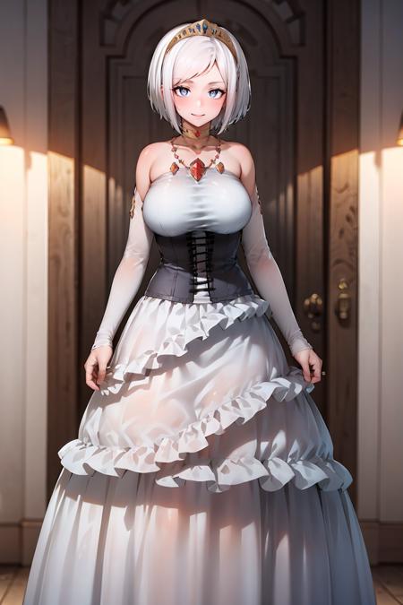 white hair, short hair, blue eyes, large breasts, white pupils, bright pupils princess, bare shoulders, jewelry, white dress, necklace, corset, tiara, detached sleeves, collarbone, choker, gown, evening gown, frilled skirt, long skirt, white skirt