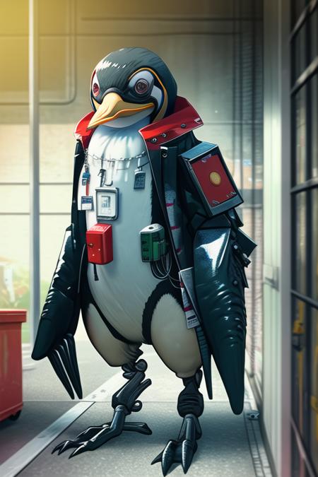 a portrait of a animatronic penguin, garage, cables