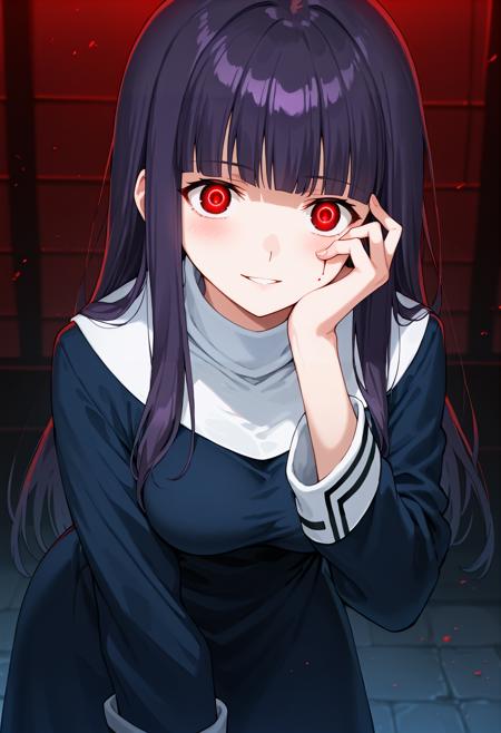 a_fujino,  1girl, solo, long hair, purple hair, blunt bangs, red eyes, empty eyes,  blue dress, white turtleneck, long sleeves, long dress, sleeve cuffs, medium breasts