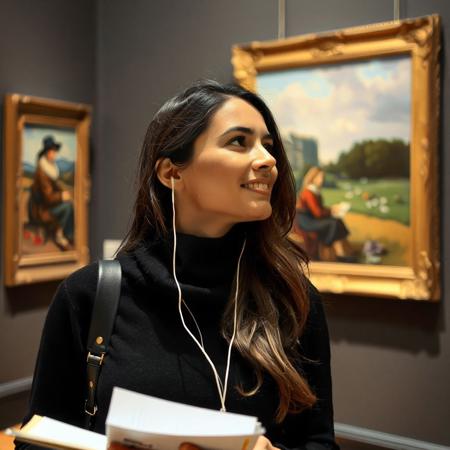 beautiful woman in museum, ear phones, listening to guide, holding museum guidebook, looking at impressionist painting on wall, reflexive, admiring, shy half smile, close up on head and painting