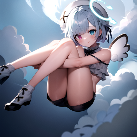 2d, masterpiece, best quality, anime, highly detailed face, highly detailed eyes, highly detailed background, perfect lighting, full body, 1girl, solo, amemiya nazuna, angel, heterochromia, frilled shirt, short shorts, beret, halo, single wing, smile, above clouds <lora:angel-07:1>