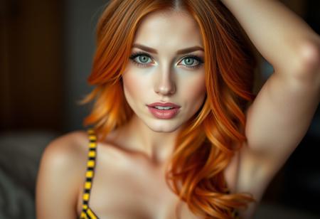 Beautiful woman with orange hair and green eyes, A gorgeous woman wearing yellow and black striped lingerie, pleasure, pouting, biting her lower lip, blushing