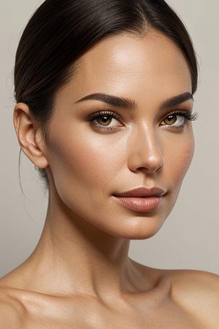 Close-up portrait of a stunning woman with captivating eyes, bare shoulder, and flawless, realistic skin texture. Symmetrical face, centered composition, white background. Highly detailed skin with subtle imperfections, inspired by Artgerm.