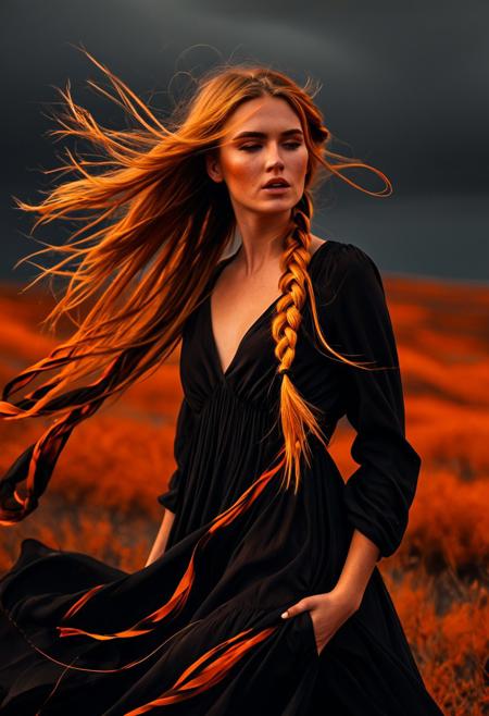 A dynamic portrait of a young woman with long, golden hair styled in a loose braid, wearing a dark dress. Her hair and clothing appear to be gently blown by the wind, adding a sense of movement to the scene. The background features bold orange and black tones, creating a striking contrast that emphasizes her presence. The color palette includes warm hues of orange and brown, highlighting the expressiveness and emotional depth of the image, aidmamj6.1.