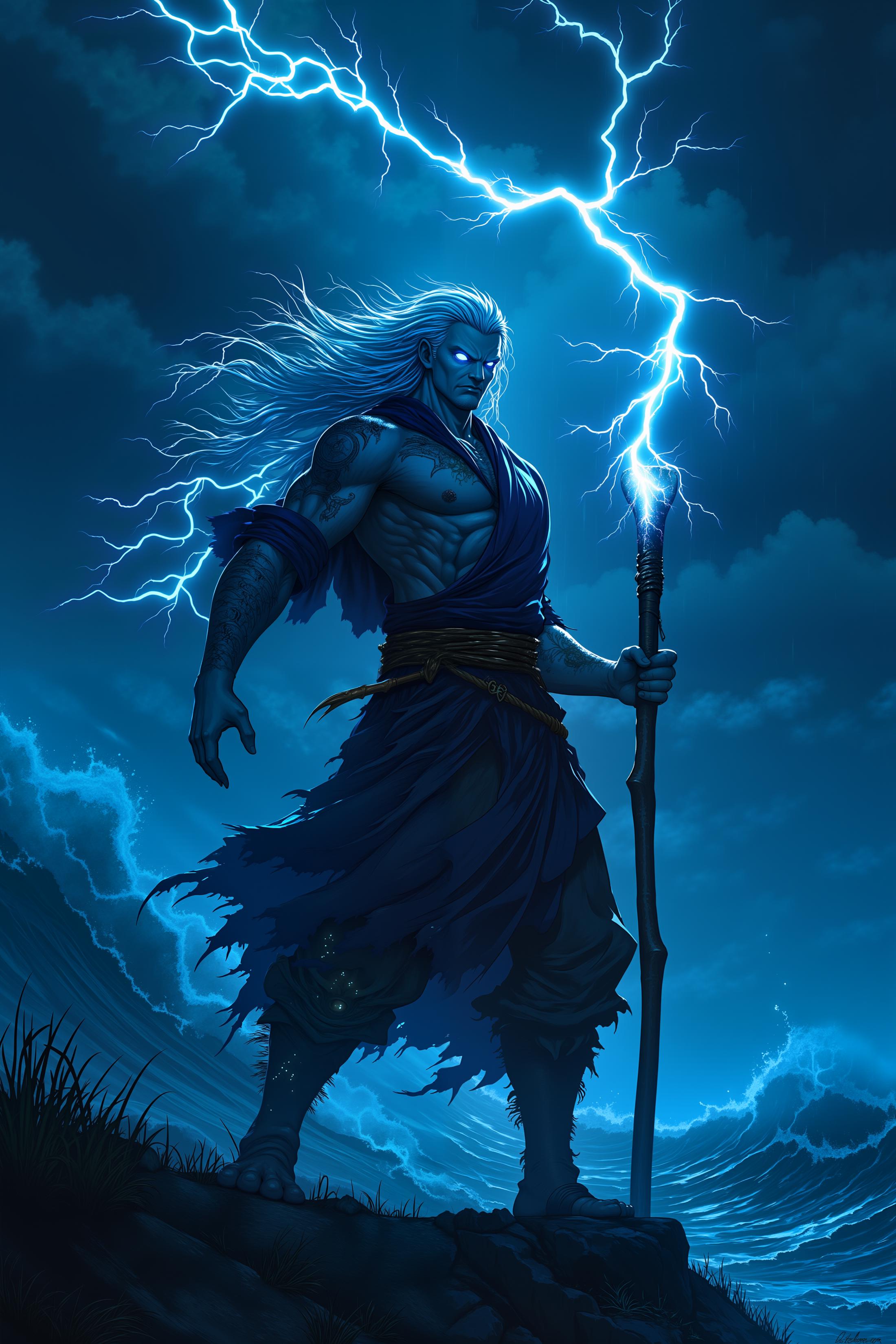 anime.A stormcaller mage, his silver hair flowing wildly around his weathered face, stands at the edge of a windswept cliff, summoning a fierce storm. His pale blue skin glistens with droplets of rain as the winds whip violently around him, and his glowing white eyes crackle with the energy of the storm. His outstretched hands, adorned with glowing tattoos of ancient runes, call down bolts of lightning that arc across the dark sky, illuminating the tumultuous clouds. His tattered, navy-blue robes flutter in the tempest, barely clinging to his muscular frame as he commands the elements. Behind him, massive waves crash against the jagged rocks below, the sea roiling in fury, matching the power of his storm. His staff, glowing with raw electrical energy, pulses with each crack of thunder, casting an ethereal glow on the ground around him. The air is thick with the smell of ozone, and the sound of the wind howling in his ears drowns out everything but his focus. His expression is intense, eyes narrowed in concentration, as he channels the full force of the storm. The sky and sea respond to his command, nature itself bending to his will,niji-01