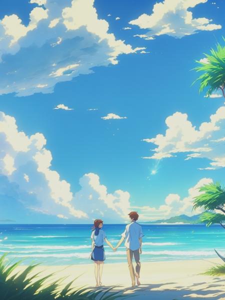 <lyco:MakotoShinkai:1.0> 1980s anime still, young man and woman together at the beach holding hands, clouds, sunny, bright blue water and sky, calm breeze and some grass Makoto Shinkai