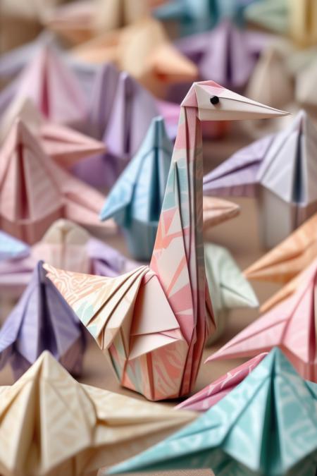 <lora:ORIGAMI:1>ORIGAMI - A close-up of a beautifully crafted origami crane, showcasing the intricate folds and patterns, with a soft pastel color scheme.