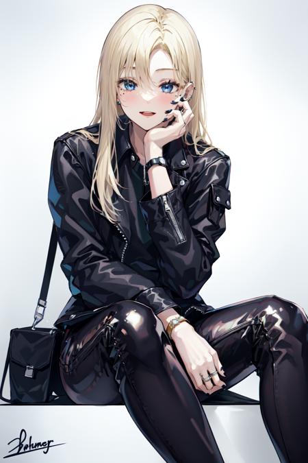 -mature lady, 1girl, solo, blue eyes, long hair, black nails, blonde hair, jacket, looking at viewer, ring, black jacket, sitting, black pants, nail polish, wristwatch, jewelry, leather, pants, smile, bangs, leather jacket, watch, shiny clothes, long sleeves, leather pants, open mouth, signature, white background, simple background, bag, piercing, ear piercing, artist name, mole, tight, bracelet, blush<lora:mature lady-000018:0.8>