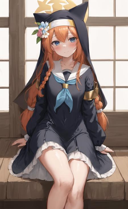 1girl, bangs, blue eyes, blue neckerchief, blush, braid, closed mouth, dress, feet out of frame, flower, frills, habit, hair between eyes, hair flower, halo, indoors, long hair, long sleeves, looking at viewer, ba-mari, neckerchief, nun, orange hair, sailor collar, single braid, smile, solo, white flower, white sailor collar, masterpiece,highres,best quality,8k