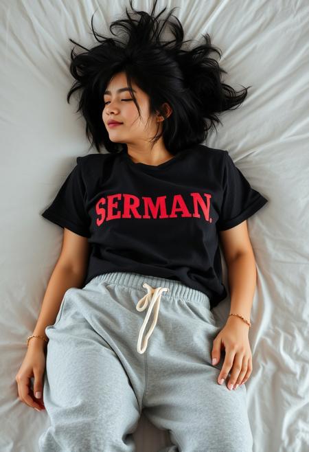 realistic photo of a cute german woman lying on her back on the bed wearing an oversized band tshirt and oversized sweatpants with messy black hair