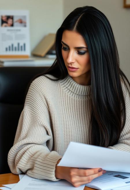 Professionnal quality photography, cowboy shot, side view, gorgeous French woman in her thirties, long silky black hair, light green eyes, no makeup, no earrings, oversized sweater, slightly tanned, sitting at a desk, rummaging through annoying paperworks