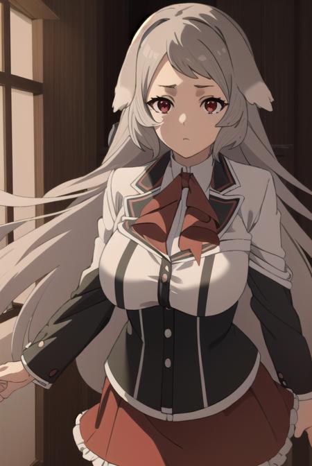 pursenaadoldia, <lyco:pursenaadoldias2-lyco-nochekaiser:1>,
pursena adoldia, long hair, (red eyes:1.5), animal ears, very long hair, grey hair,
BREAK skirt, long sleeves, pantyhose, frills, shoes, red skirt,  loafers, white pantyhose, blazer, (white blazer:1.5), corset, (black corset:1.5),
BREAK indoors, classroom,
BREAK looking at viewer, (cowboy shot:1.5),
BREAK <lyco:GoodHands-beta2:1>, (masterpiece:1.2), best quality, high resolution, unity 8k wallpaper, (illustration:0.8), (beautiful detailed eyes:1.6), extremely detailed face, perfect lighting, extremely detailed CG, (perfect hands, perfect anatomy),