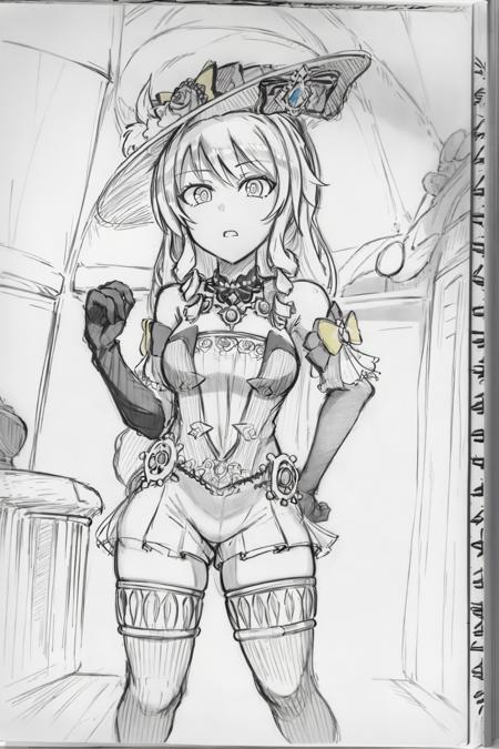 masterpiece, best quality, <lora:style18-v2:1>,sketch, monochrome, greyscale, traditional media,
<lora:navia:1>,1girl, solo, hat,long hair, gloves, drill hair, dress, thighhighs,black gloves, thigh boots, bangs, elbow gloves, bare shoulders, parasol, boots, jewelry, flower, twin drills,