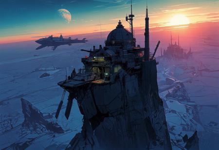 Seen from the sky, a futuristic city stands in the middle of a vast icy expanse. The scene takes place on another planet, as two moons are visible in the sky. The city is perched on a massive rocky spur, its architecture sleek and harmonious, made of glass and steel. A large building with a grand dome overlooks the city, and communication antennas are scattered throughout.
Space traffic is visible, with a massive spaceship above us and another below, docking at the city's elevated astroport. Several platforms extend from the city's rocky foundation. In the distance, two other cities can be seen, also perched on rocky spurs. Mining vehicles move across the icy terrain, traveling between the cities.
The cities are surrounded by an immense frozen desert, with occasional jagged rocks emerging from the ice. The sky is brightly illuminated as the sun sets, casting a stunning blend of deep blues and warm oranges. The atmosphere is nocturnal, with breathtaking hues of twilight and early evening.
