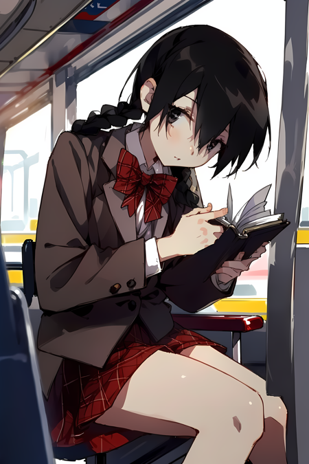 (Masterpiece, best quality), 1girl, KuraiYonaka, black hair, sitting, train stop, book in hand, looking down, depth of field, <lora:KuraiYonaka-Rech44:1.0>