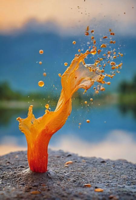 ▲ Close to: 
fire with flame in yellow with red base and green leaves, blue water and brown clay, drops in levitation, smoke, sky, from profil, 