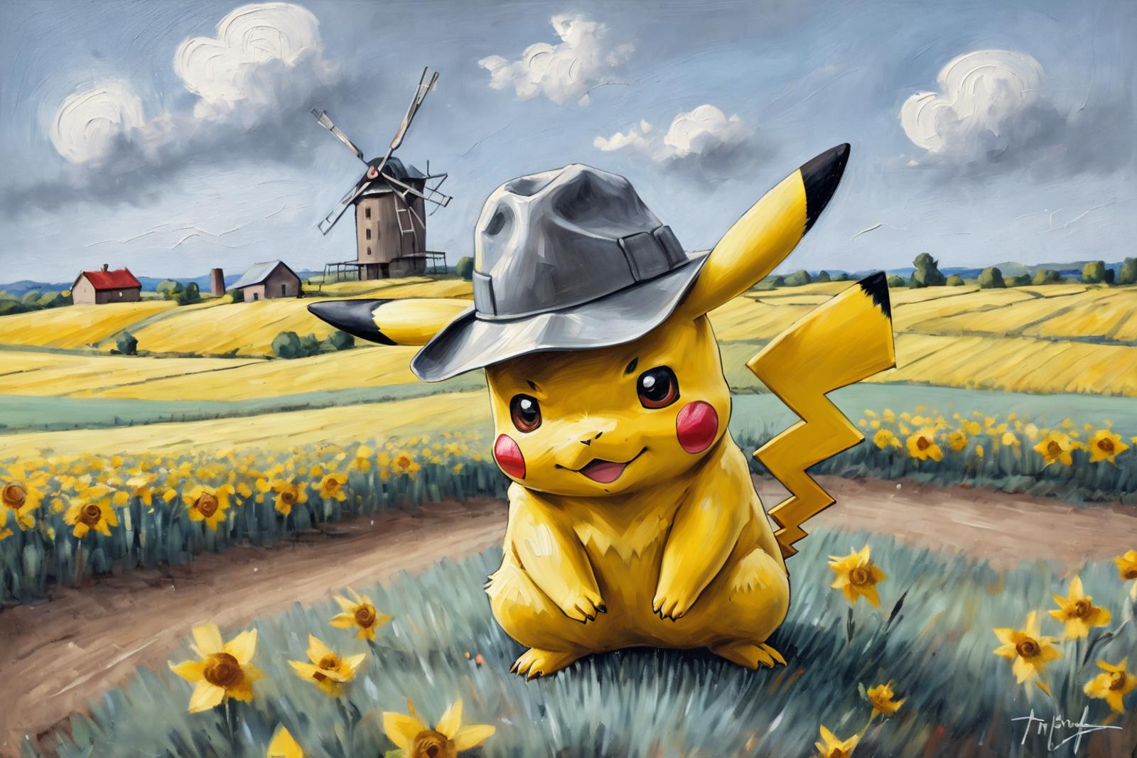 A colorful painting of a Pokemon character wearing a hat.
