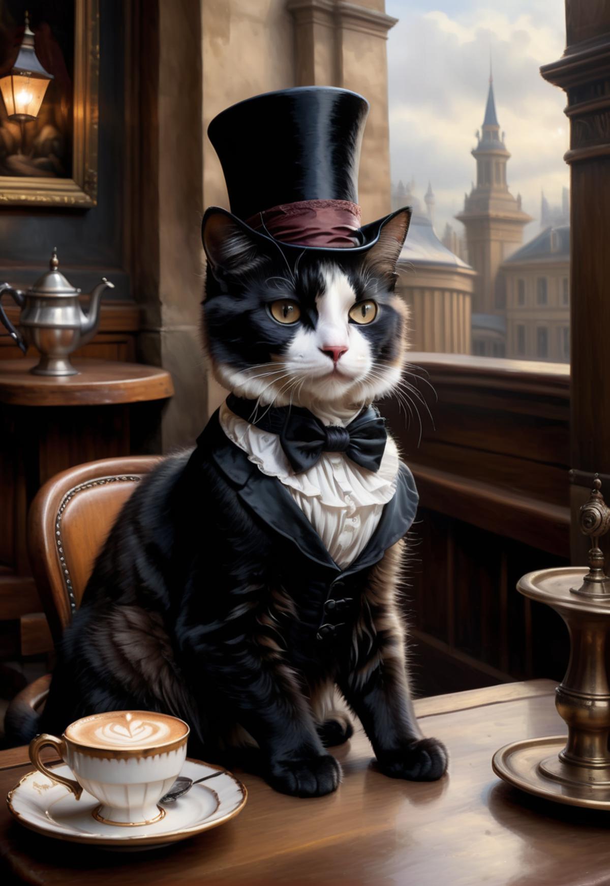 A cat in a top hat and bow tie sitting on a chair.