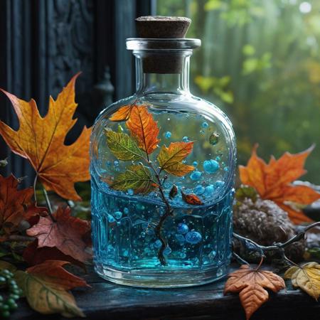 bioluminescent, 
effervenscent, 
Autumn, 
potion, 
beautiful clear glass bottle, 
Jean-Baptiste Monge style, 
16k, 
uhd, 
art by Josephine Wall, 
Anne Stokes, 
ultra hd, 
realistic, 
vivid colors, 
highly detailed, 
UHD drawing, 
pen and ink, 
perfect composition, 
beautiful detailed intricate insanely detailed octane render trending on artstation, 
8k artistic photography, 
photorealistic concept art, 
soft natural volumetric cinematic perfect light
