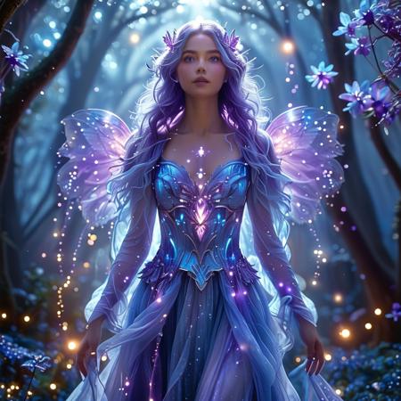A mysterious woman glowing with a soft, blue mystic luminance, standing in the heart of a fantasy violet wonderland. Her skin emits a gentle ethereal light, casting faint halos around her form, while her hair flows like stardust, shimmering with hints of indigo and silver. She wears a gown that glows faintly with enchantment, fluttering as if moved by unseen energy. The wonderland around her is bathed in shades of violet—bioluminescent flora, floating petals, and glowing crystal trees surround her in a surreal, dreamlike haze. The air is filled with sparkles and mist, and soft magical orbs float gently by. She stands calmly, like a guardian of this otherworldly realm—radiant, serene, and filled with ancient magic, Masterpiece level quality, soft lighting, bright lighting, sharp focus, fine details, high quality, precise, high resolution, 4k, 8k,
