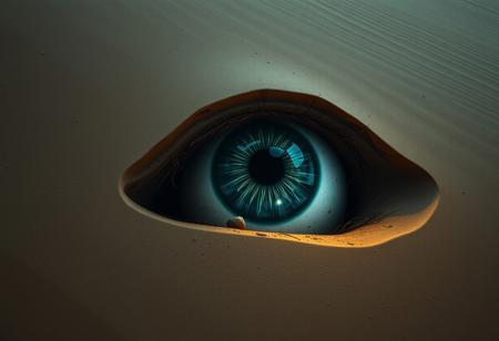 cinematic, 32k, hyper detailed, a giant eyeball buried inside the sand dune, rotten