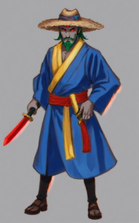 <lora:Hylotl17:0.6>, man, three eyes, gray skin, beard, asian blue outfit, green hair, asian straw hat, holding sword, intricated, high detailed