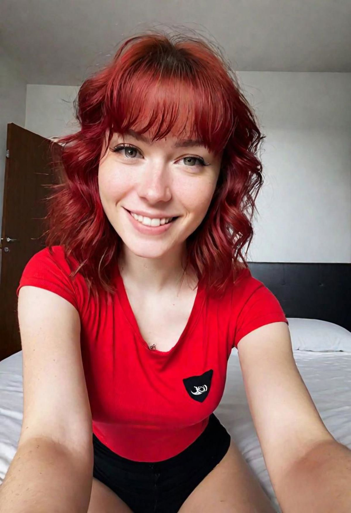 A full-body "Selfie taken with the front camera of an iPhone 15 in a close-up shot." female figure, a smiling and sexy red...