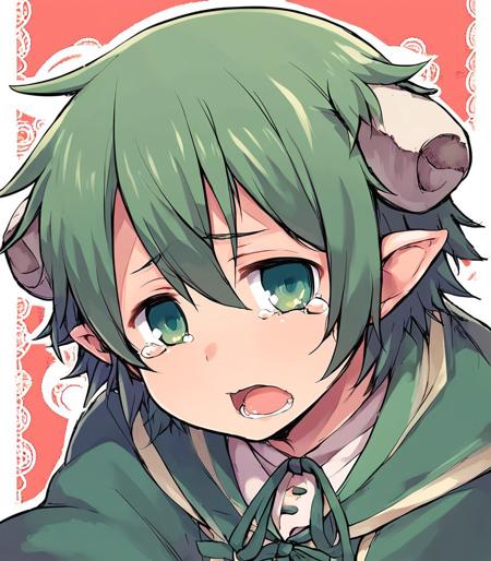 Resi, tail, green hair, green eyes, male focus, pointy ears, short hair, horns, broken corner, animal ears, otoko no ko, 