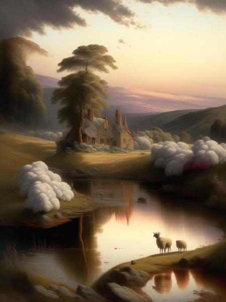 <lora:AlfredAugustusGlendening:1>beautiful landscape with sheep and rabbits, Hudson River school