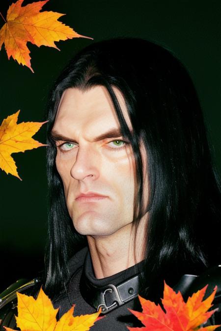 a tall muscular man, in raven black knights armor, perfect face, clear eyes, long black hair, autumn night, fall, dry leaves, ancient castle in the background, midnight in feudal england, darkness, (people in the background), candid, amateur, raw, 8K, uhd, masterpiece, close up, [smiling:0.8], <lora:peterSteele:1>