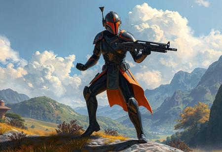A hyper-detailed 8K digital painting of a Gaia Knight, the Force of Earth from Star Wars, captured in a dynamic action pose - standing on one leg with the other bent, ready for combat. The warrior wears a sleek black and orange armored suit with vibrant red-orange striping, complete with a matching helmet featuring an orange visor. They grip a blaster rifle with precision, set against the lush, peaceful landscapes of Planet Calarium.