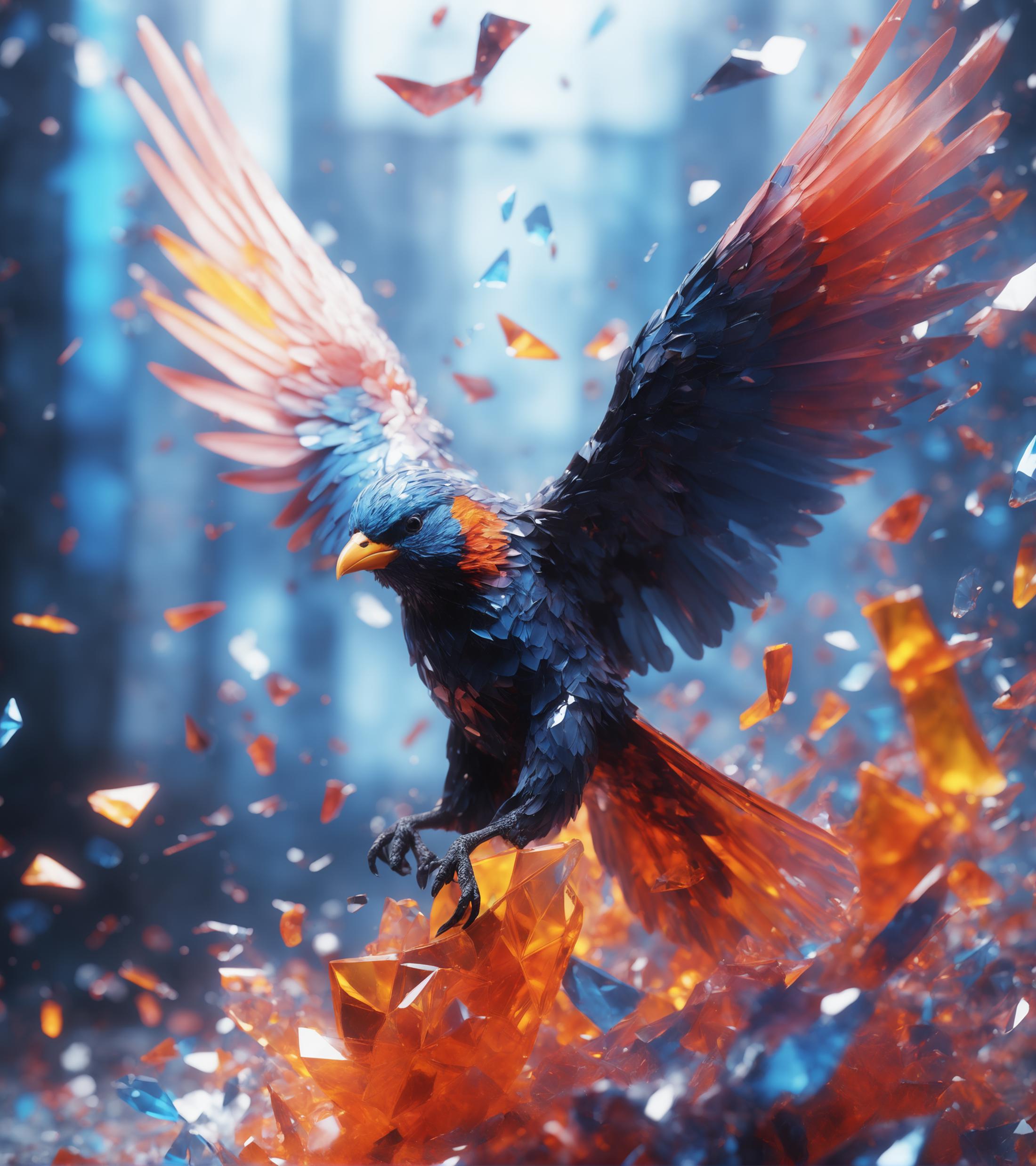 A black and blue bird with orange and yellow beak and feet, flying through a blue and white background with shards of glass.