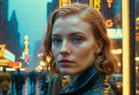 book cover of a (Movie Still), vintage return of the cyberpunk army in neon city, raining, cinematic lighting, 4 k, by greg rutkowski, ((wide shot)), (estabilshing shot), city street shot, (full body), ((looking to the right), looking away, neon, fog, volumetric, young ginger woman, pale skin, blue eyes, in dark leather clothes, Aligned eyes,  Iridescent Eyes,  (blush,  eye_wrinkles:0.6),  (goosebumps:0.5),  subsurface scattering,  ((skin pores)),  (detailed skin texture),  (( textured skin)),  realistic dull (skin noise),  visible skin detail,  skin fuzz,  dry skin,  hyperdetailed face,  sharp picture,  sharp detailed,  (((analog grainy photo vintage))),  Rembrandt lighting,  detailed face,  8k resolution, <lora:epiNoiseoffset_v2-pynoise:-1>