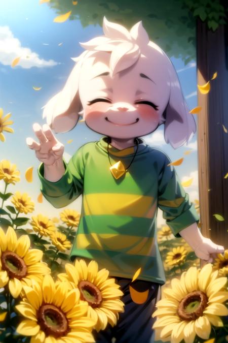 1boy, <lora:asriel-30:0.7>, closed eyes, kid, green eyes, pants, green t-shirt, flower, sky, happy, closed mouth