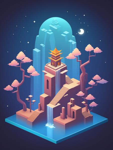 video game monument valley style, Ancient Chinese Architecture, stairs, water, cloud, trees, waterfall, gradient background, Night, starry sky, <lora:Monument Valley style:0.7>