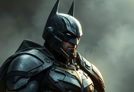 "Create a highly detailed, lifelike depiction of Batman in full Gravitation armor, inspired by Samuel F.B. Morse and Ralph McQuarrie, with a destiny concept art style. The color palette should be grey and gold. Include pulse rifles and a heavy cloak. The image should follow the rule of thirds, with a slightly noisy color scheme. This artwork should be trending on ArtStation with a vibrant 8k resolution."