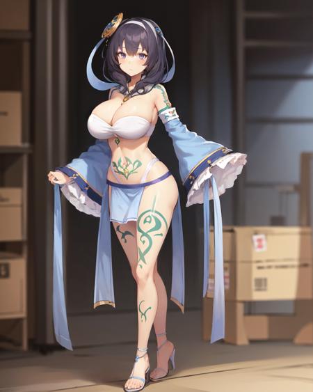 best quality, (masterpiece:1.2), illustration, absurdres,
(1girl), (solo), (beautiful detailed girl), full body shot,,
<lora:RixiaDancer-08:0.8>, Rixia Mao, dark purple hair, medium hair, purple eyes, huge breasts, body paint, green tattoo,
hair ornament, jewelry, blue dancer outfit, detached sleeves, ribbons, sandals, high heels,
inside a factory, workshop, machinery, tools,,
 looking at viewer, shy, blush